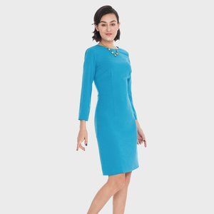 ALANTINO Sheath dress, semi-fitted with round neck. Blue color